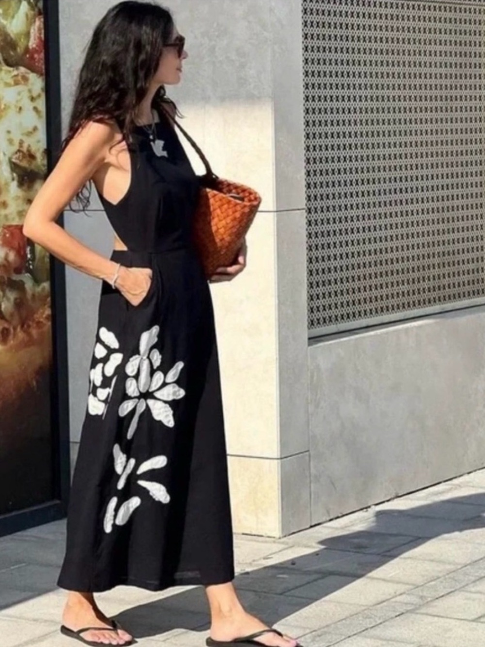 Zara Black Maxi Dress with White Embroidered Details